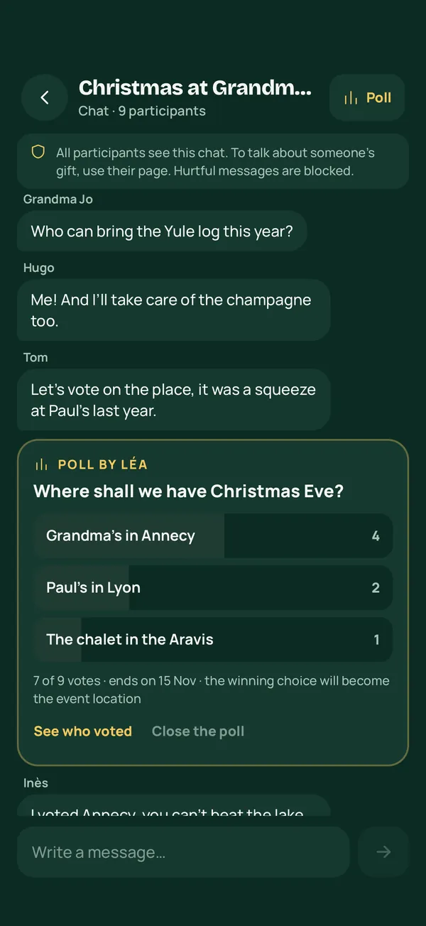 The event chat with a poll about where to hold Christmas Eve