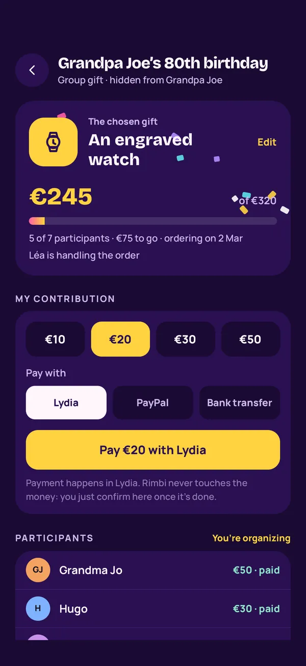 A group gift: target amount, pledges and payment method