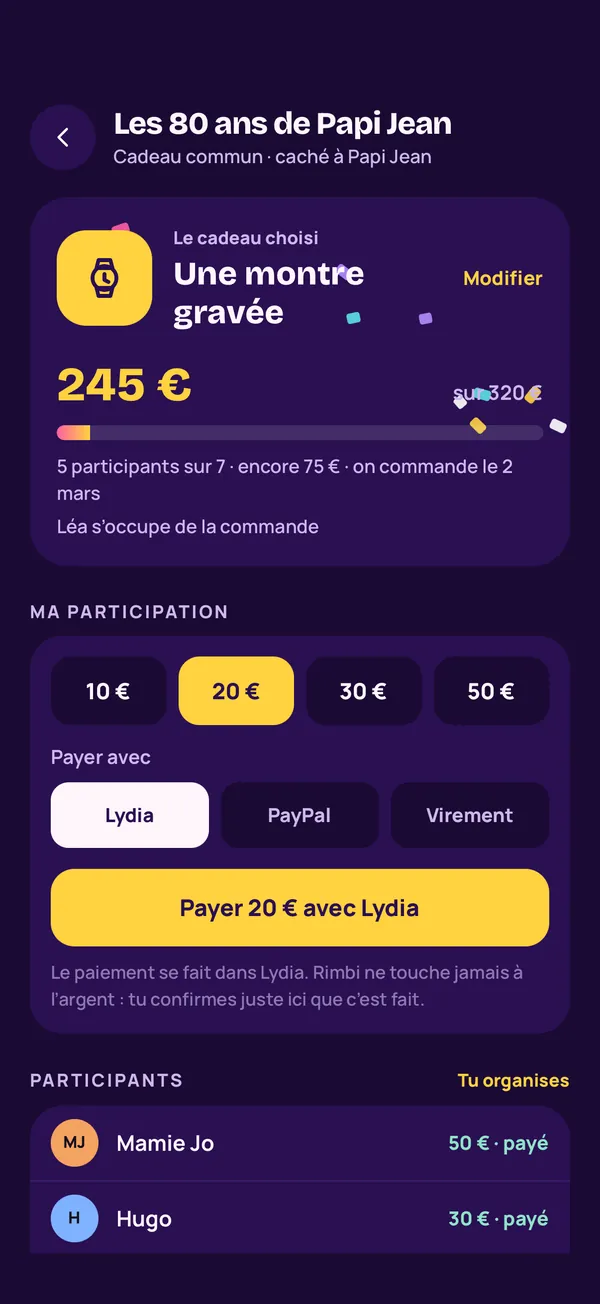 Un cadeau commun dans Rimbi : montant visé, participations et cagnotte