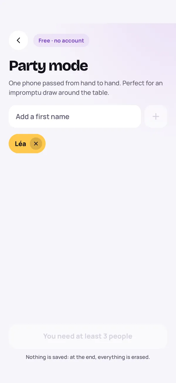 Party mode: add names, then pass the phone around