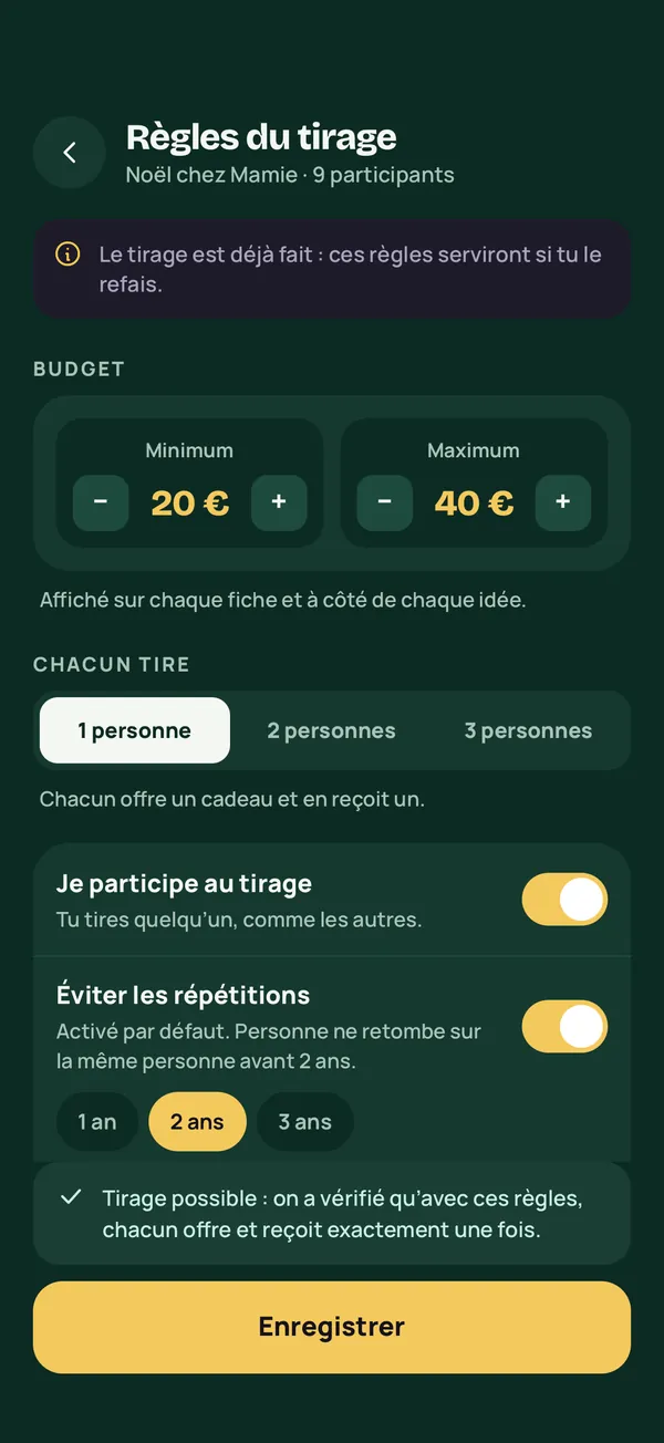 Les règles du tirage dans Rimbi : budget, nombre de personnes à gâter, anti-répétition, tirage vérifié